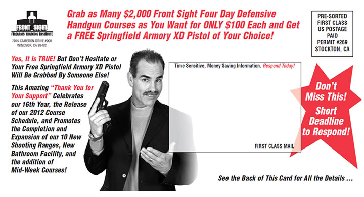 Grab as Many $2,000 Front Sight Four Day Defensive Handgun Courses as You Want for ONLY $100 Each and Get a FREE Springfield Armory XD Pistol of Your Choice!